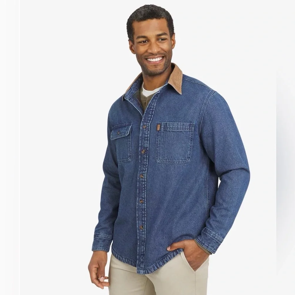 CHAPS Barn Coat Shacket Flannel Lined Denim Shirt Jacket Classic Corduroy Collar